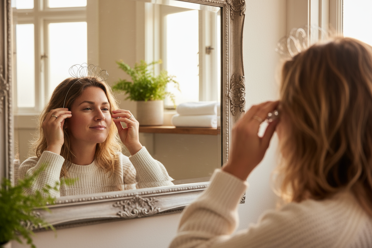 an australian women using our product to massage her head and feeling relaxed sitting infront of mirror
